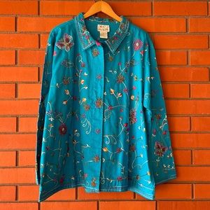 QUAKER FACTORY Women's Blue Button Front Embroidered Beaded Coat Jacket